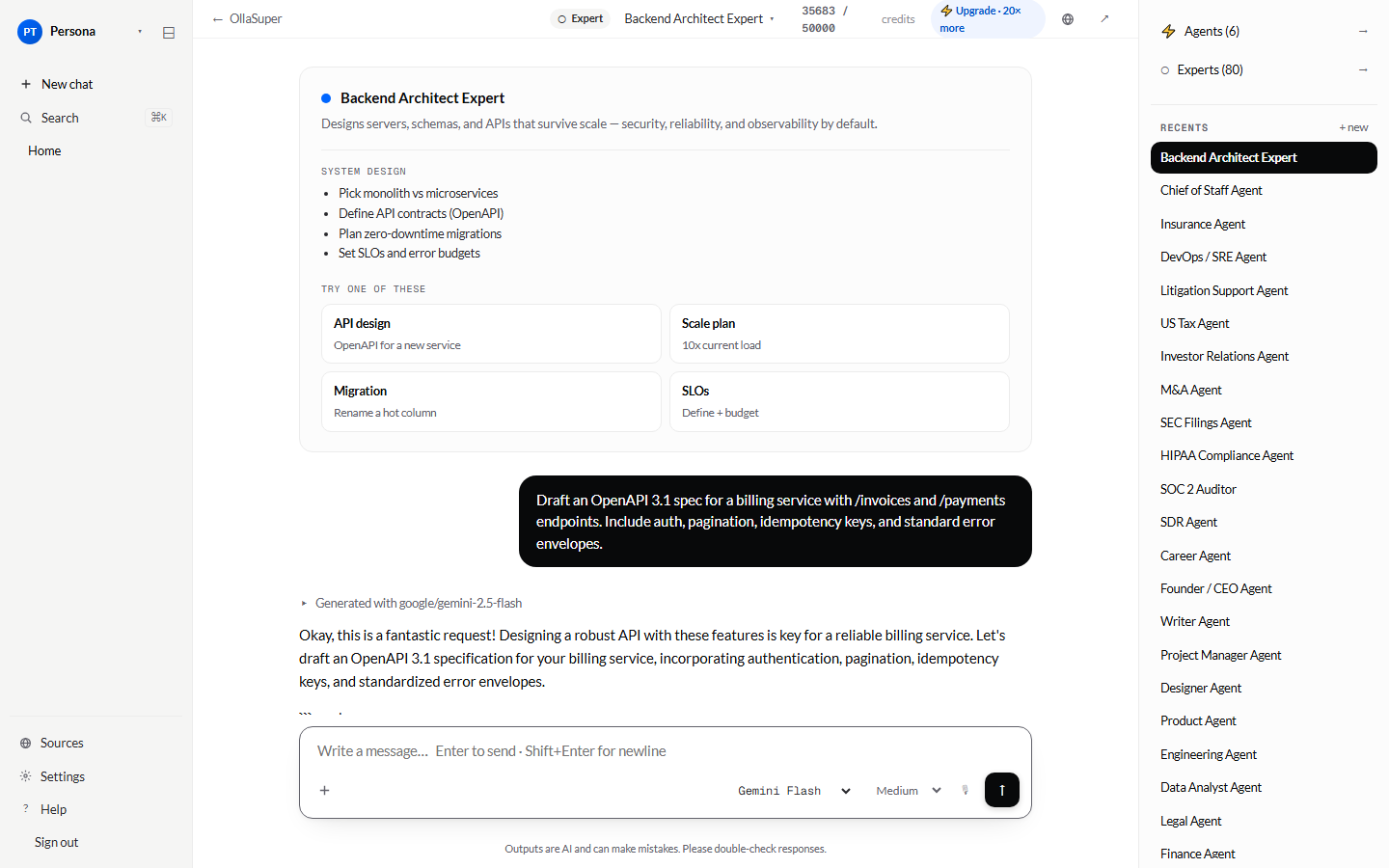 Backend Architect Expert responding inside the OllaSuper dashboard